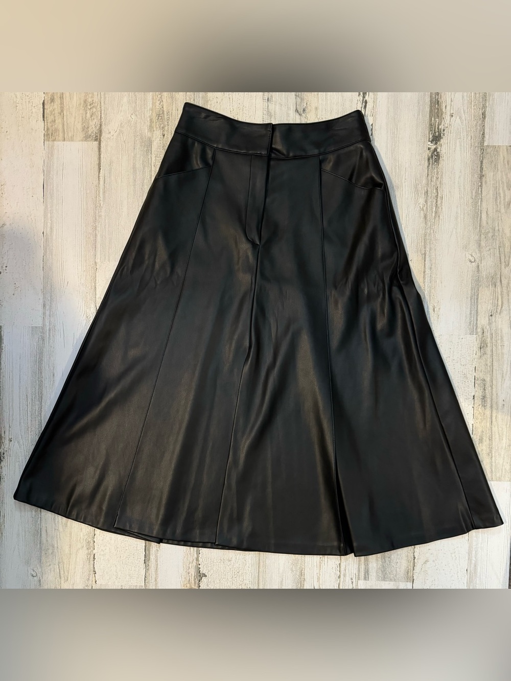 NWT Zara Faux Leather Black Pockets Front Slit Zip Maxi Skirt M